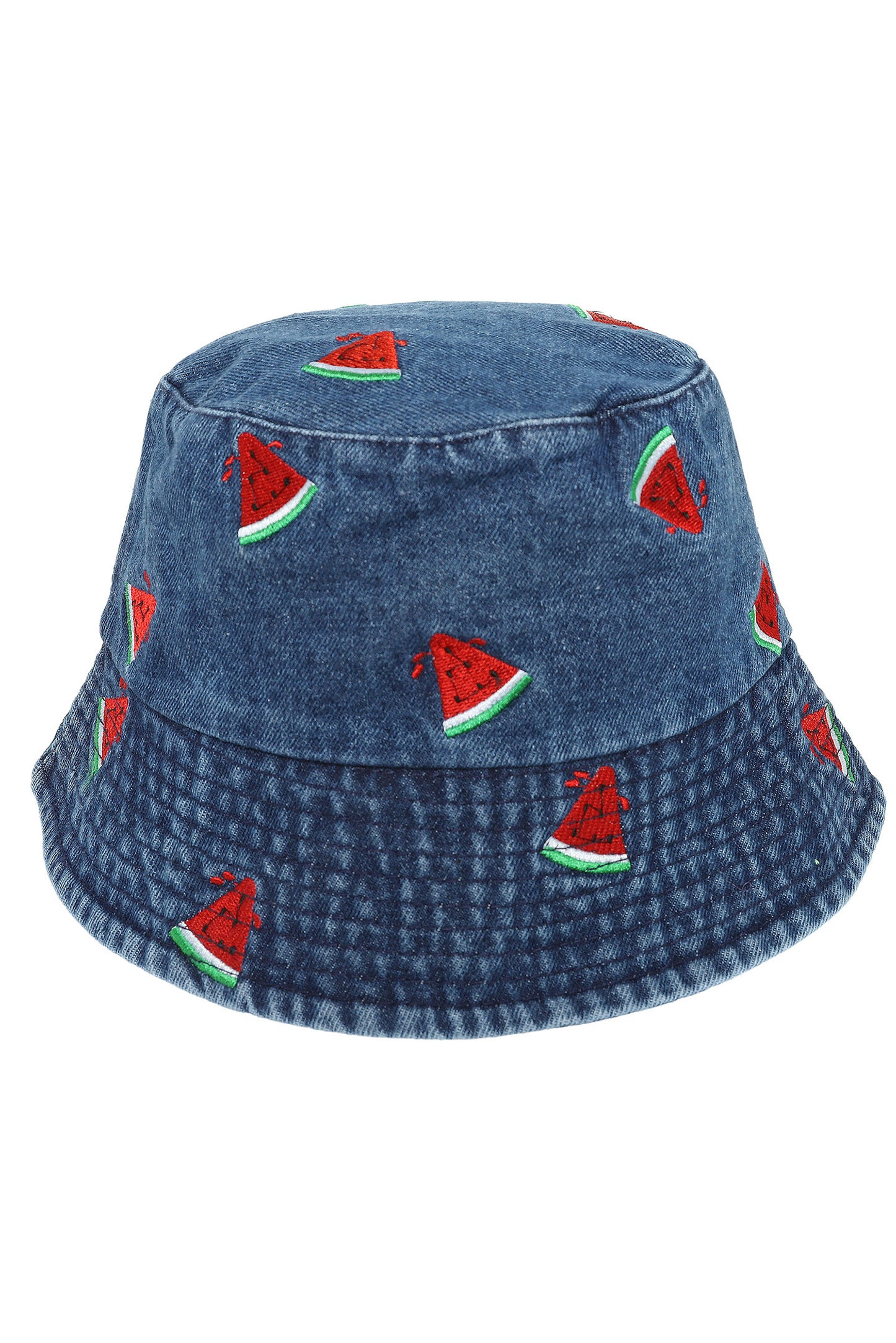 Victoria Denim Bucket Hat with Embroidered Watermelon Accents