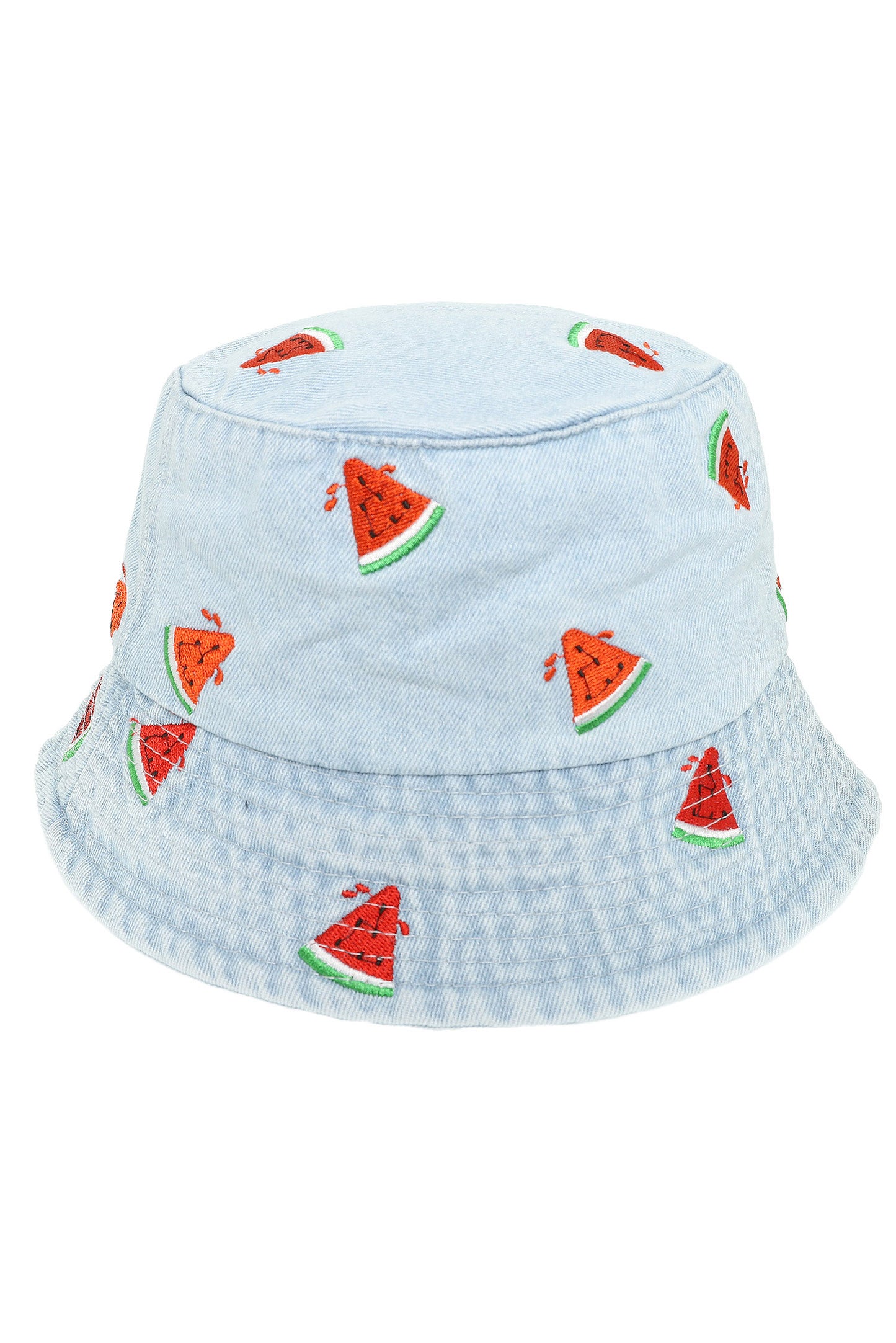 Victoria Denim Bucket Hat with Embroidered Watermelon Accents
