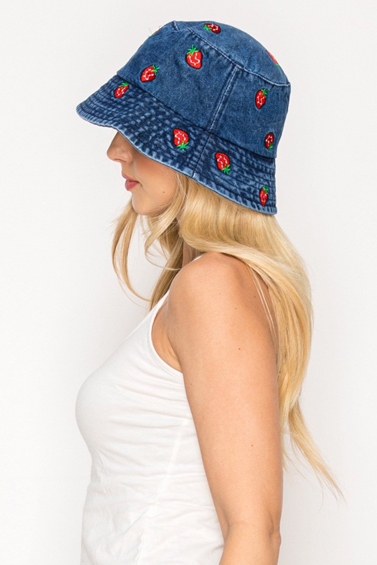Stella Denim Bucket Hat with Embroidered Strawberry Accents