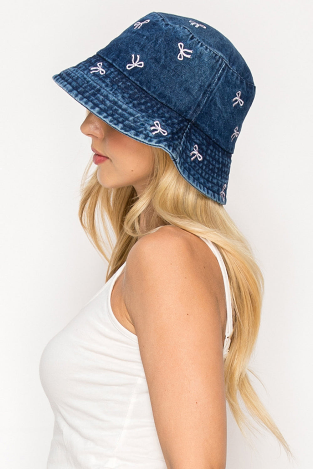 Elena Denim Bucket Hat with Embroidered Bow Accents