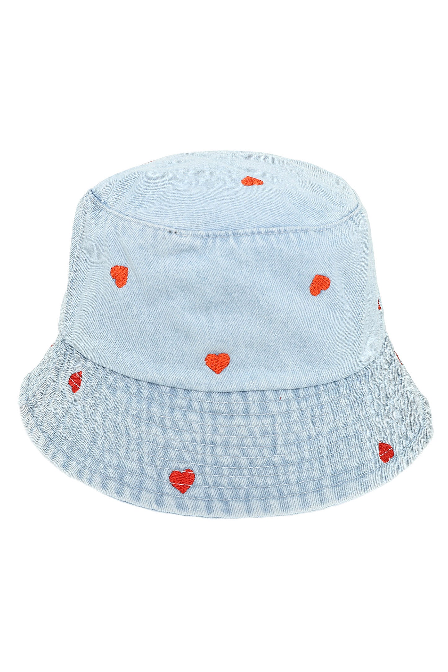 Hallie Relaxed Denim Bucket Hat with Embroidered Heart Accents
