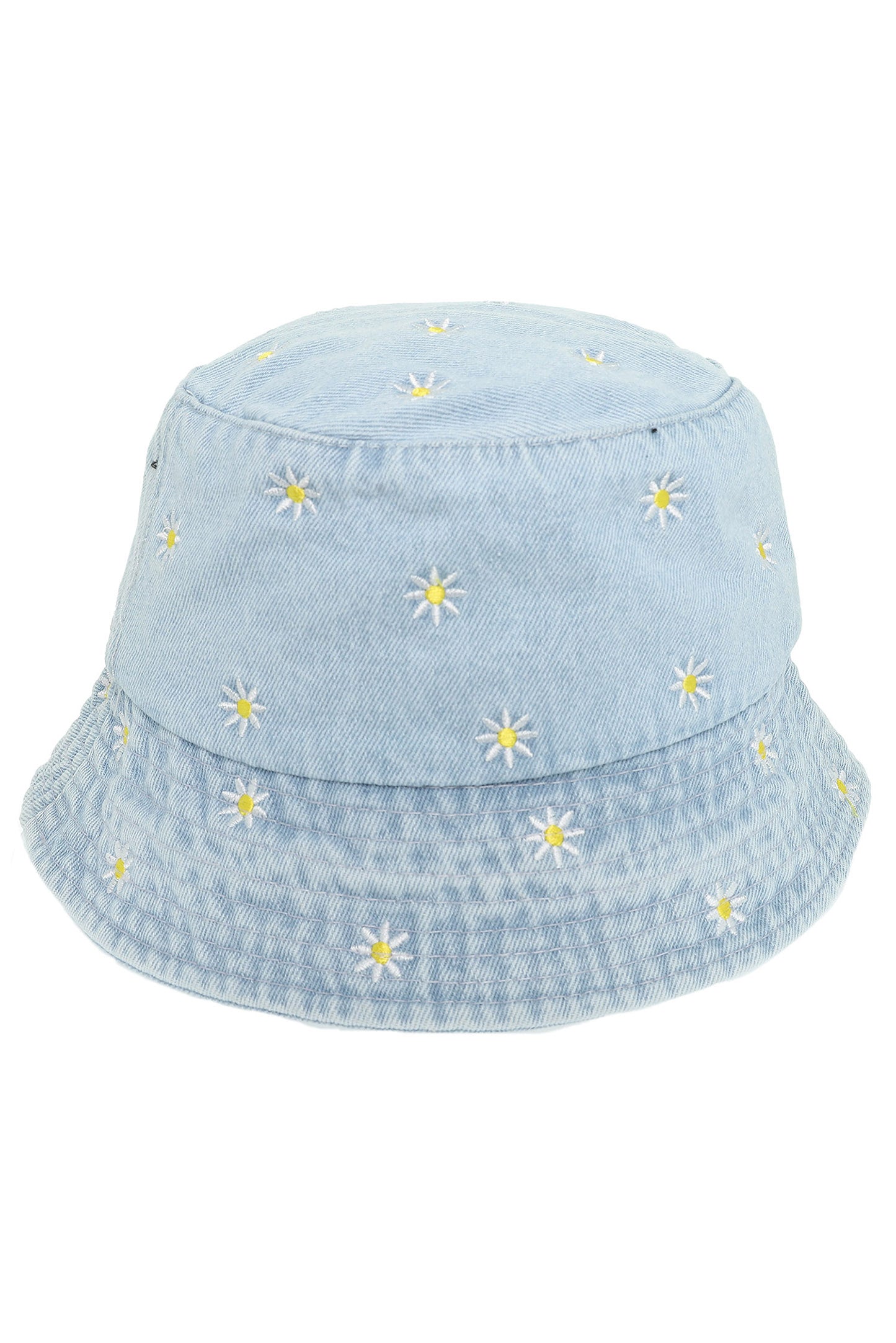 Brianna  Denim Bucket Hat with Embroidered Daisy Flowers