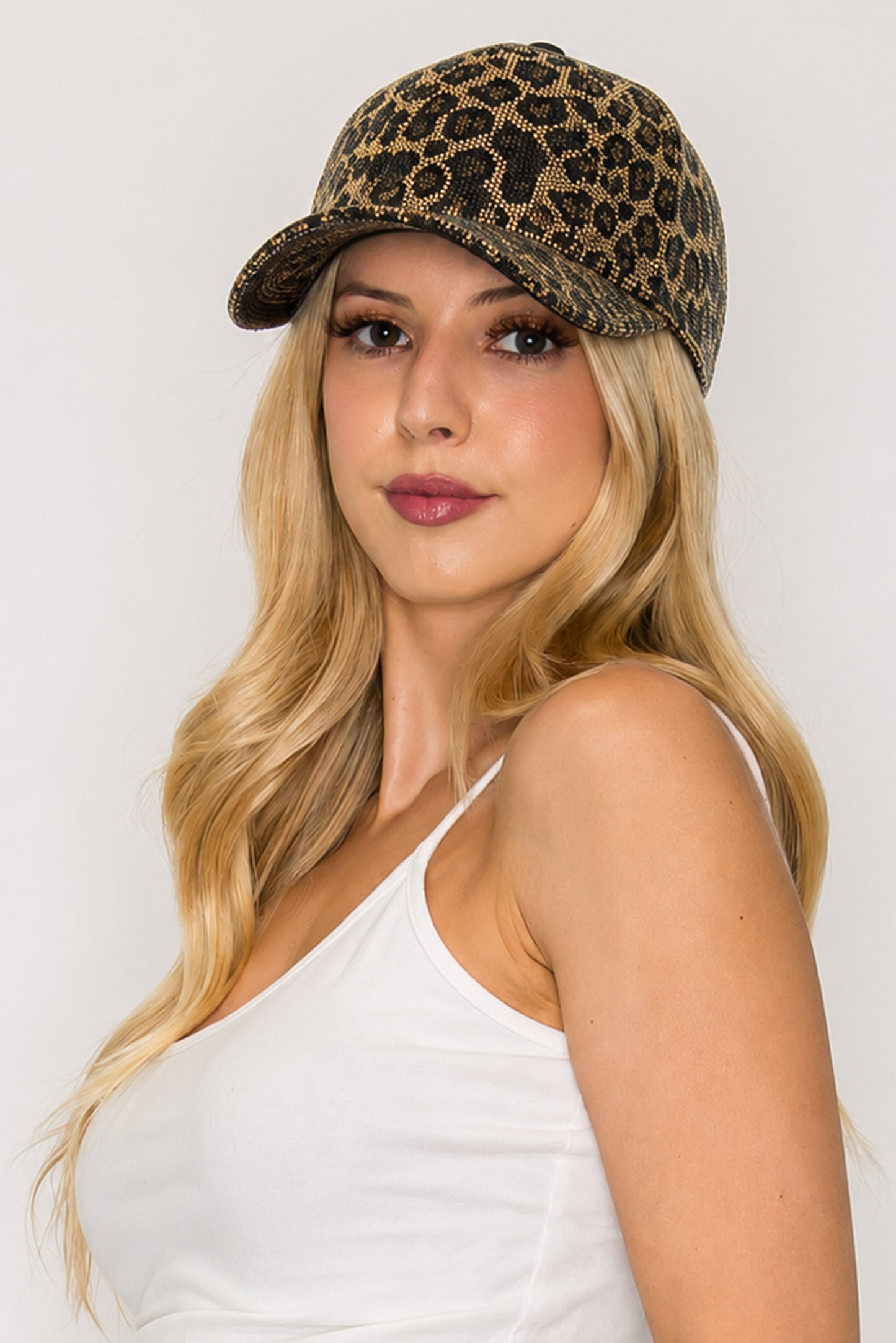 Olivia Rhinestone Studded Leopard Print Baseball Cap