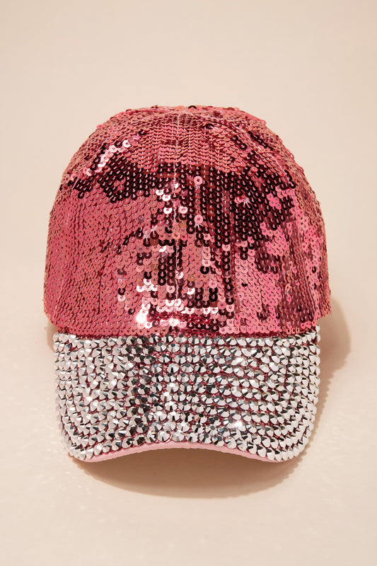 Women's Pink Sequin Bling Fashion Cap with Metallic Silver Sparkly Studs