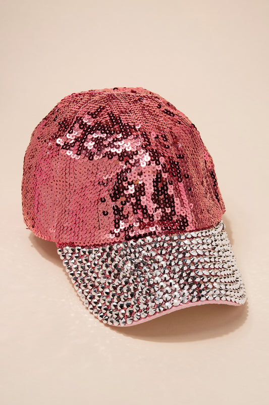 Women's Pink Sequin Bling Fashion Cap with Metallic Silver Sparkly Studs