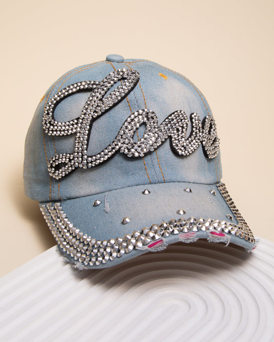Hannah Rhinestone Cursive Love Denim Baseball Cap | Light Blue