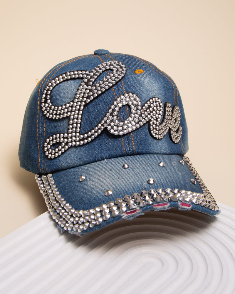 Hannah Rhinestone Cursive Love Denim Baseball Cap