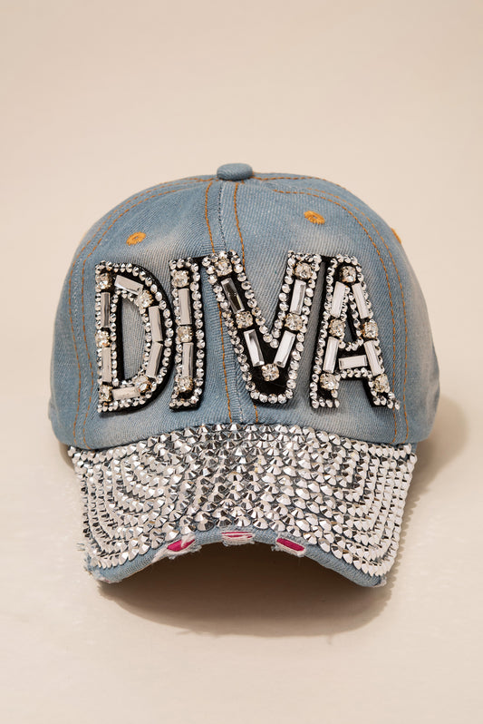 Sparkle Rhinestone 'Diva" Light Denim Cap with Shiny Glitter