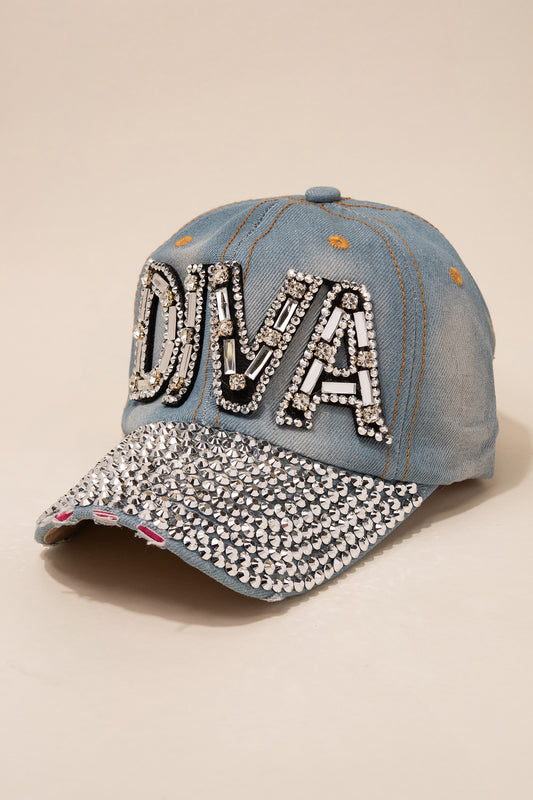 Sparkle Rhinestone 'Diva" Light Denim Cap with Shiny Glitter