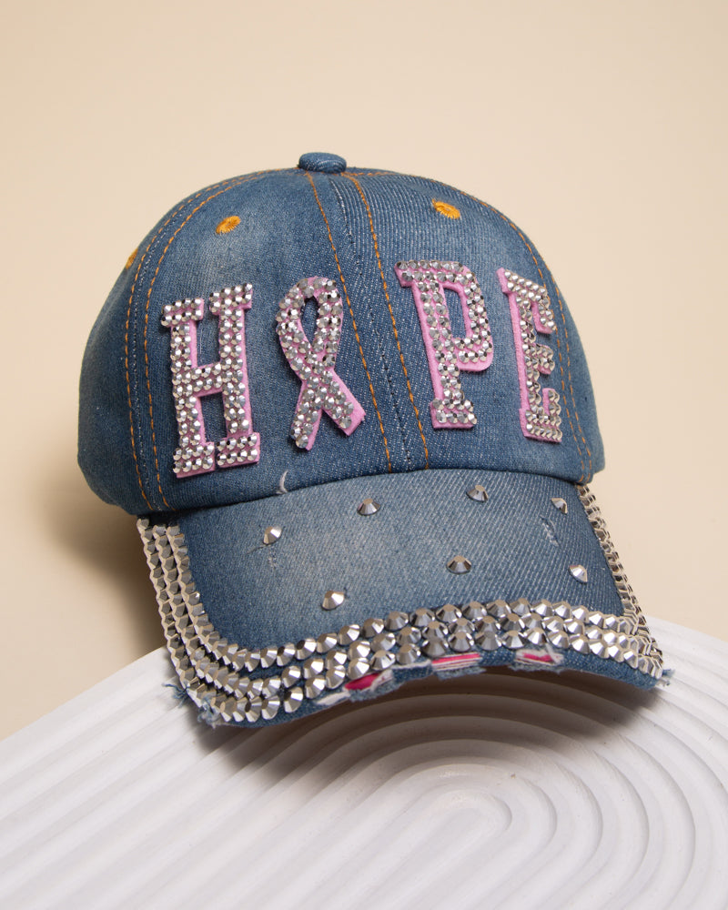 Mandy Rhinestone Pink Ribbon Hope Denim Baseball Cap | Light Blue