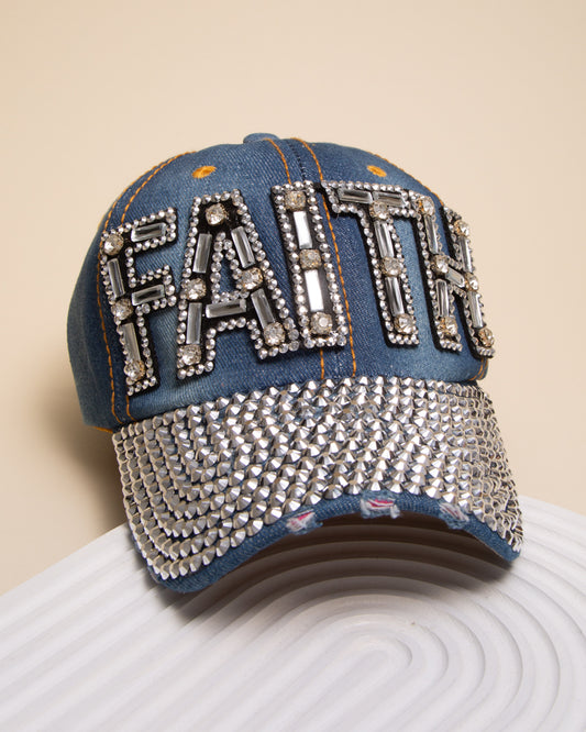Clarissa Rhinestone Encrusted Faith Denim Baseball Cap | Dark Blue