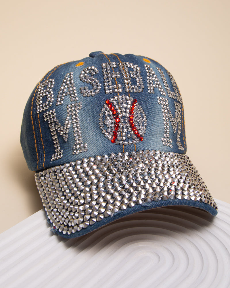 Marie Rhinestone Studded "Baseball Mom" Denim Baseball Cap | Dark Blue