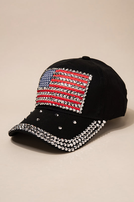 USA American Flag Patriotic Black Baseball Cap with Rhinestone Studs