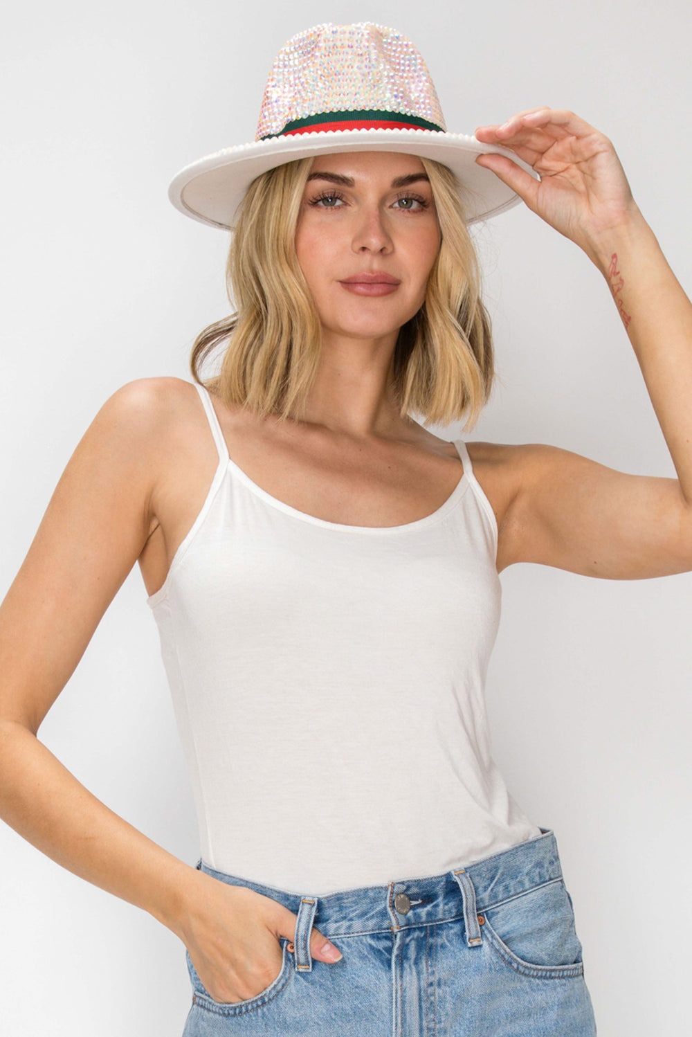 Luna Fashion Bling Rhinestone Studded Wide Brim Felt Fedora