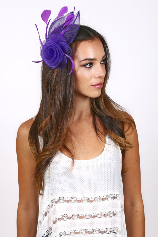 Lilly Flower & Leaves Mesh w/ Feathers Fascinator Clip | Purple
