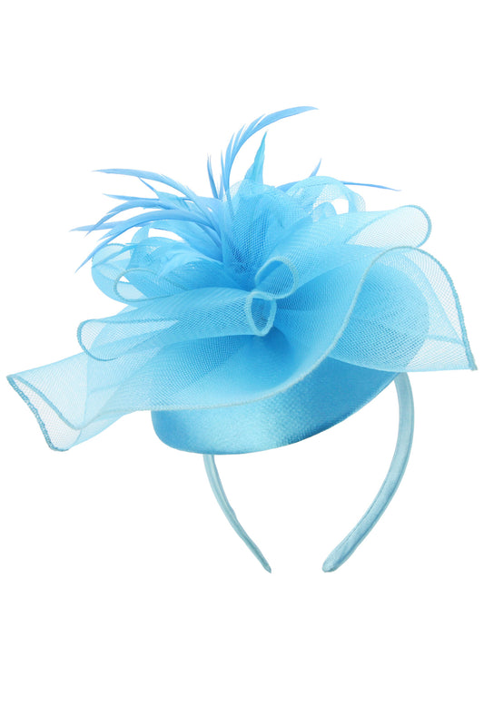 Gia Floral Mesh Wide Ribbon w/ Feathers Cap Fascinator | Aqua