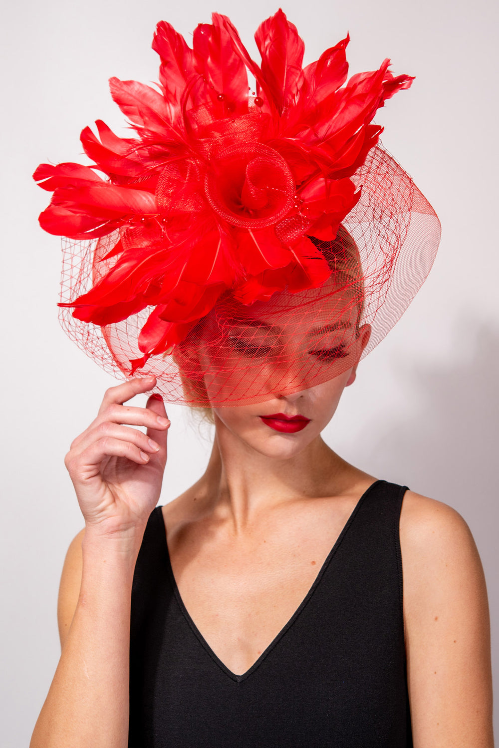 Regina Feather & Flower Bouquet w/ Netted Mesh Fascinator Headband