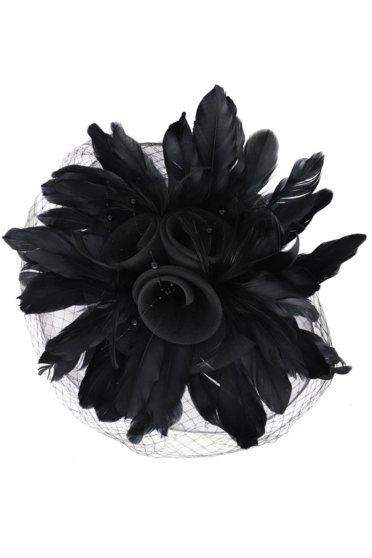 Regina Feather & Flower Bouquet w/ Netted Mesh Fascinator Headband | Black
