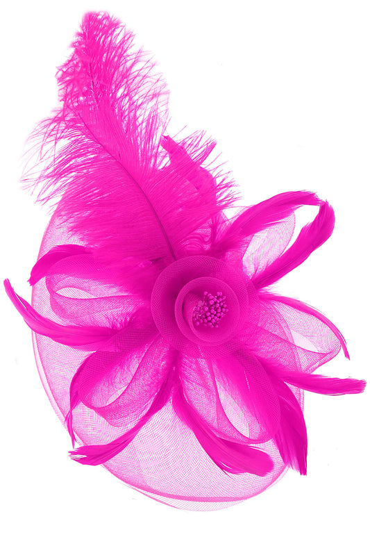 Julianna Debry Peacock Feather Rose Fascinator Headband | Fuchsia