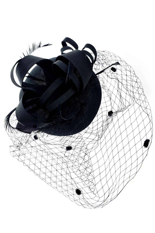 Briella Dotted Mesh Beret w/ Feathers and Loops Fascinator | Black
