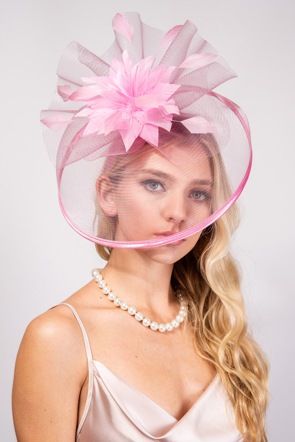 Clara Veiled Floral & Feather Mesh Fascinator w/ Headband & Clip