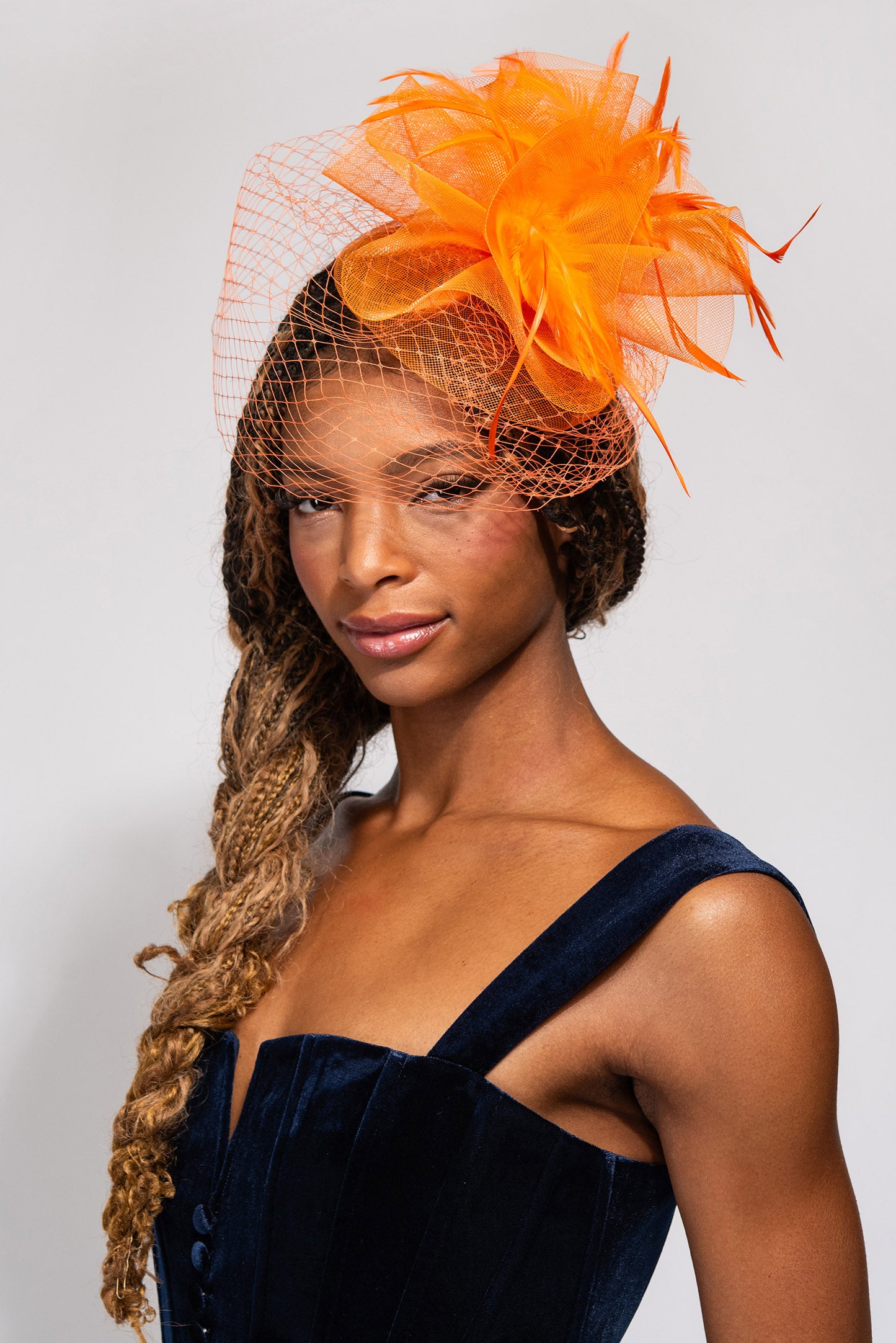 Daisy Ruffle Mesh w/ Feathers & Large Netting Fascinator Headband