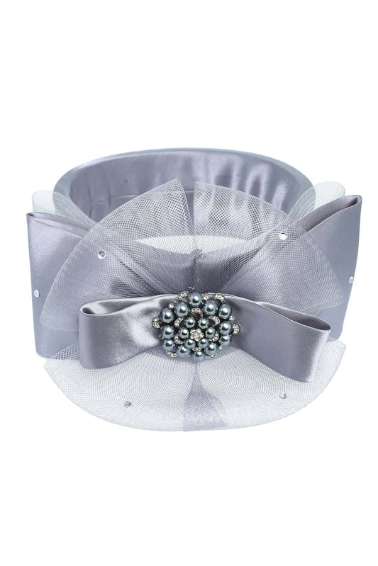 Nina Large Bow Satin Jeweled Mesh Fascinator Headband | Gray