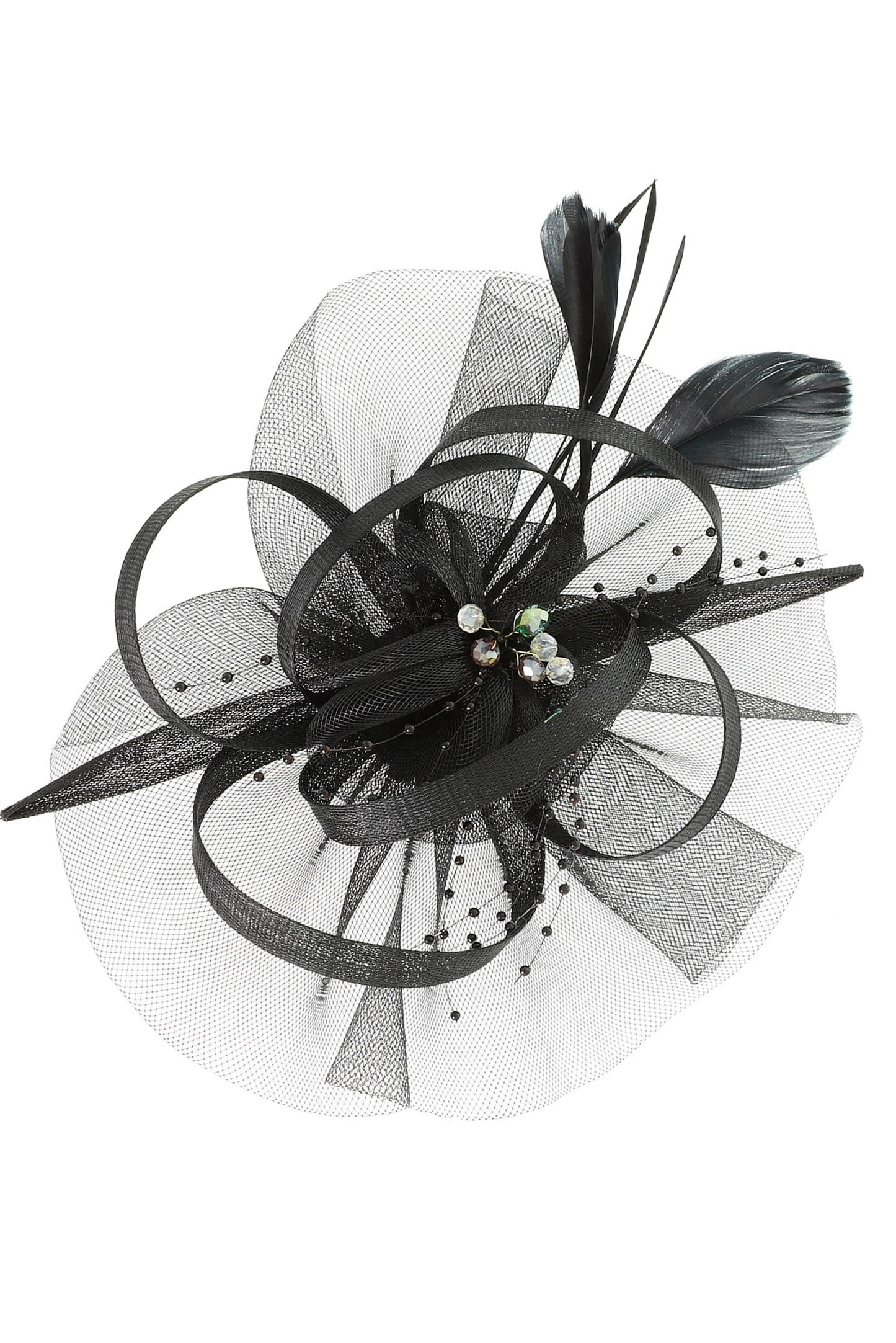 Josephine Floral Feathered Mesh Fascinator with Crystal Accents | Black