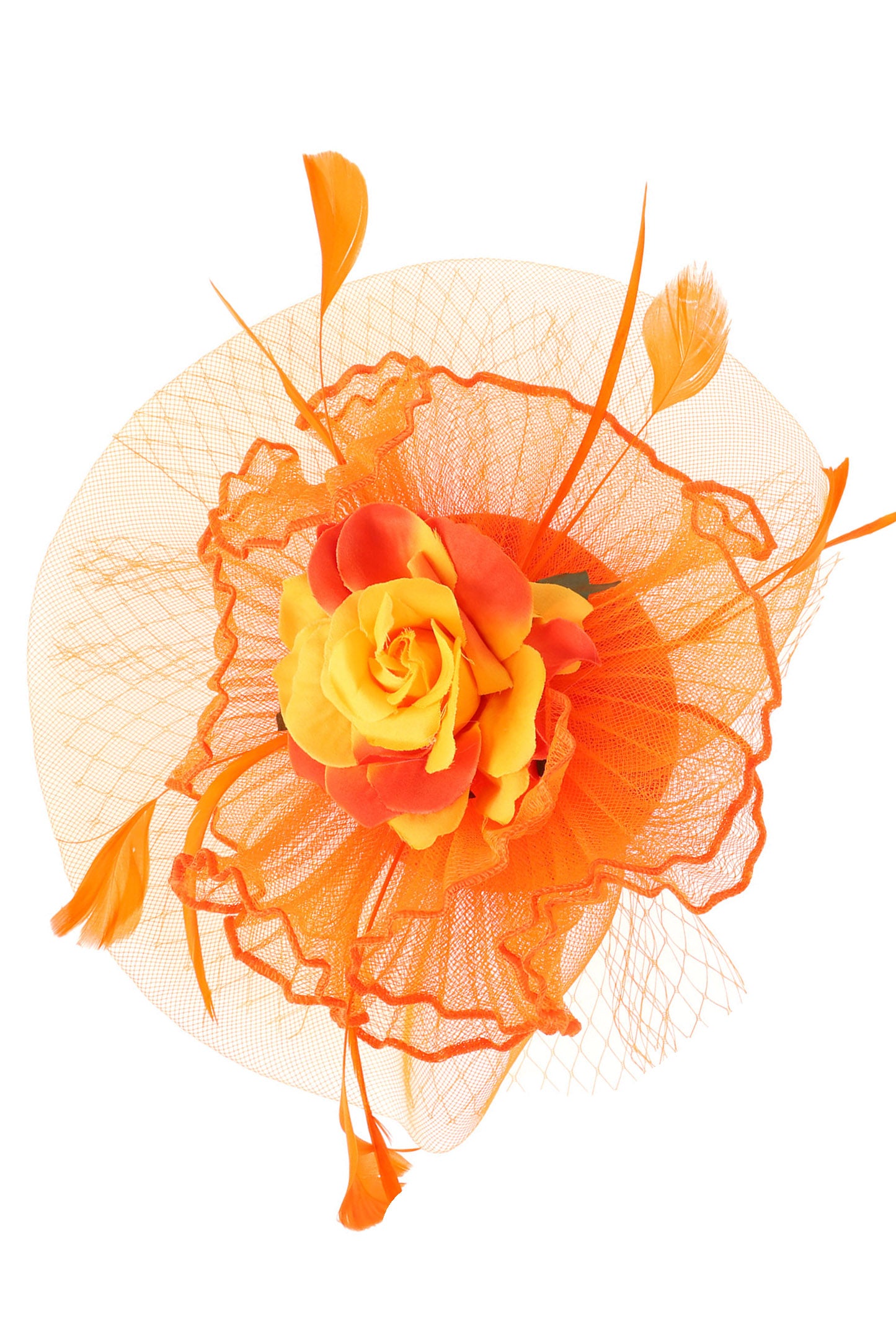 Savannah Feathered Rose Bloom Mesh Fascinator with Clip and Headband | Orange