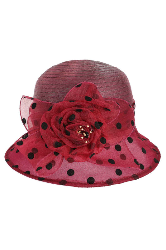 Valerie Floral Bow Polka Dotted Organza Cloche Hat | Burgundy