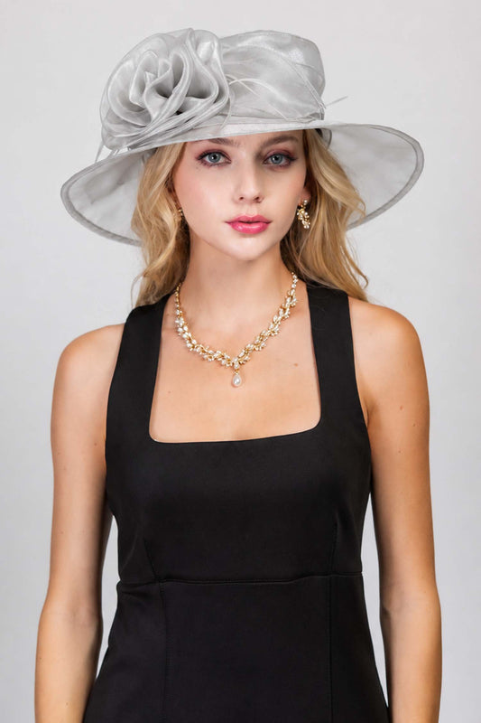 Nyla Wide Brim Flat Top Floral Organza Hat