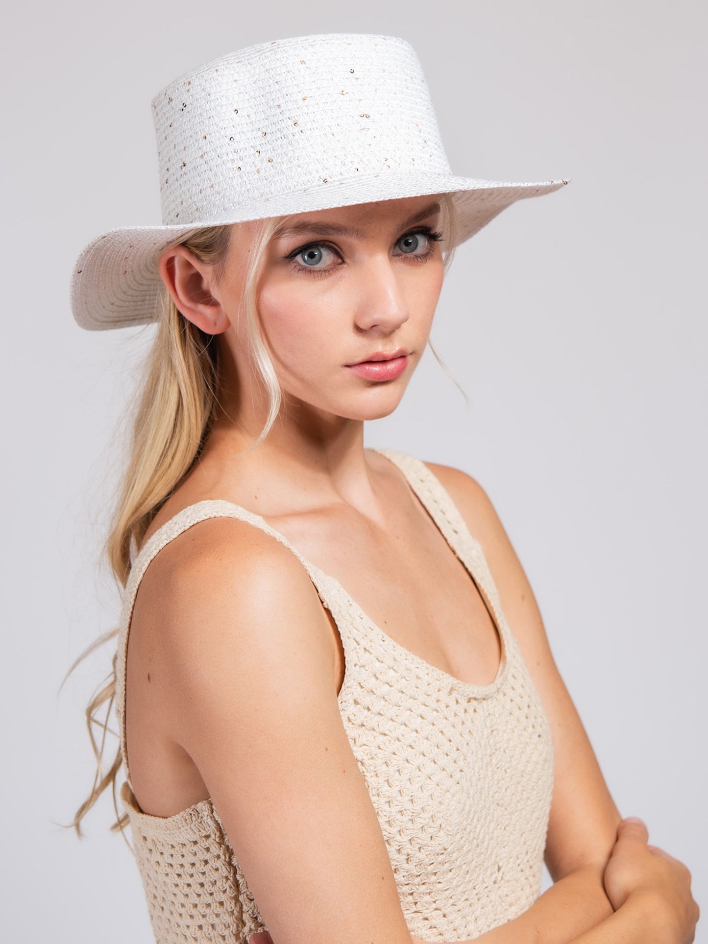 Raelynn Dressy Wide Flat Brim Pattered Woven Straw Hat