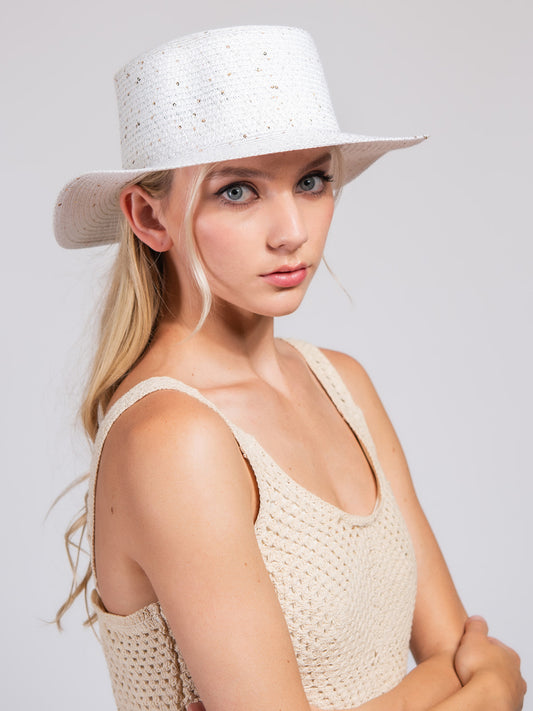Raelynn Dressy Wide Flat Brim Pattered Woven Straw Hat