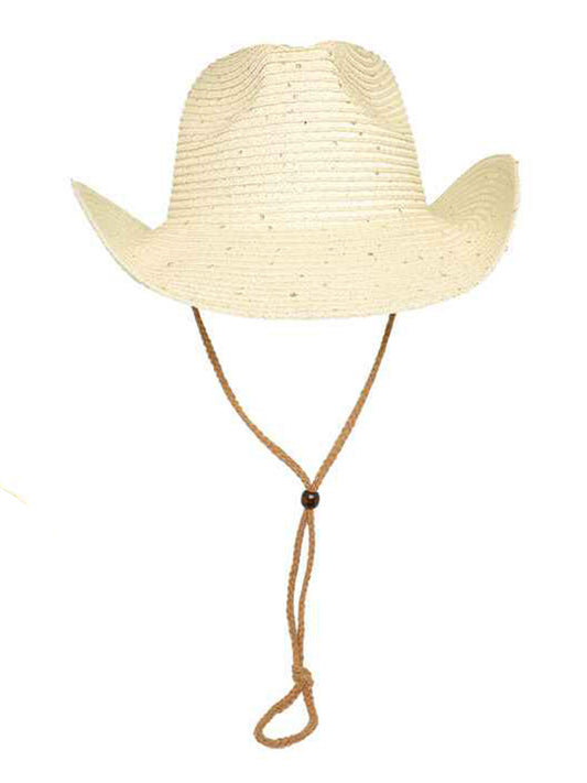 Genevieve Fashion Sequin Wide Brim Straw Woven Cowboy Hat | Beige