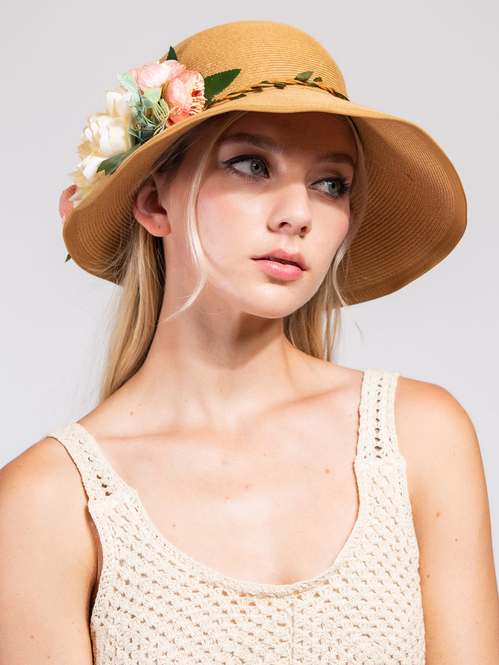 Madeline Fashion Down Brim Flower Paper Braid Sun Hat