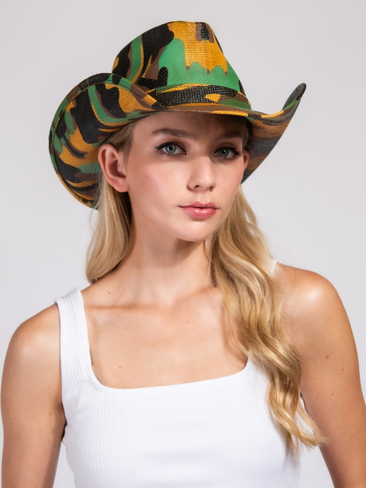 Nancy Fashion Western Camo Print Paper Braid Cowboy Hat