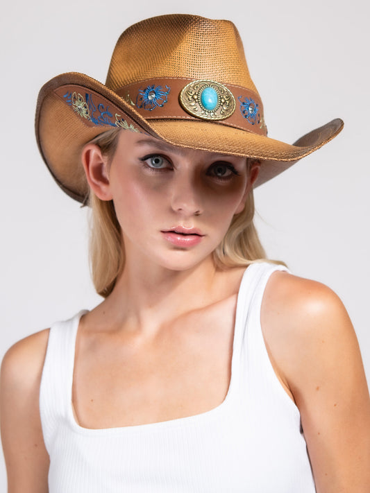 Marie Western Paper Braid Cowboy Hat with Decorative Turquoise Hat Band | Brown