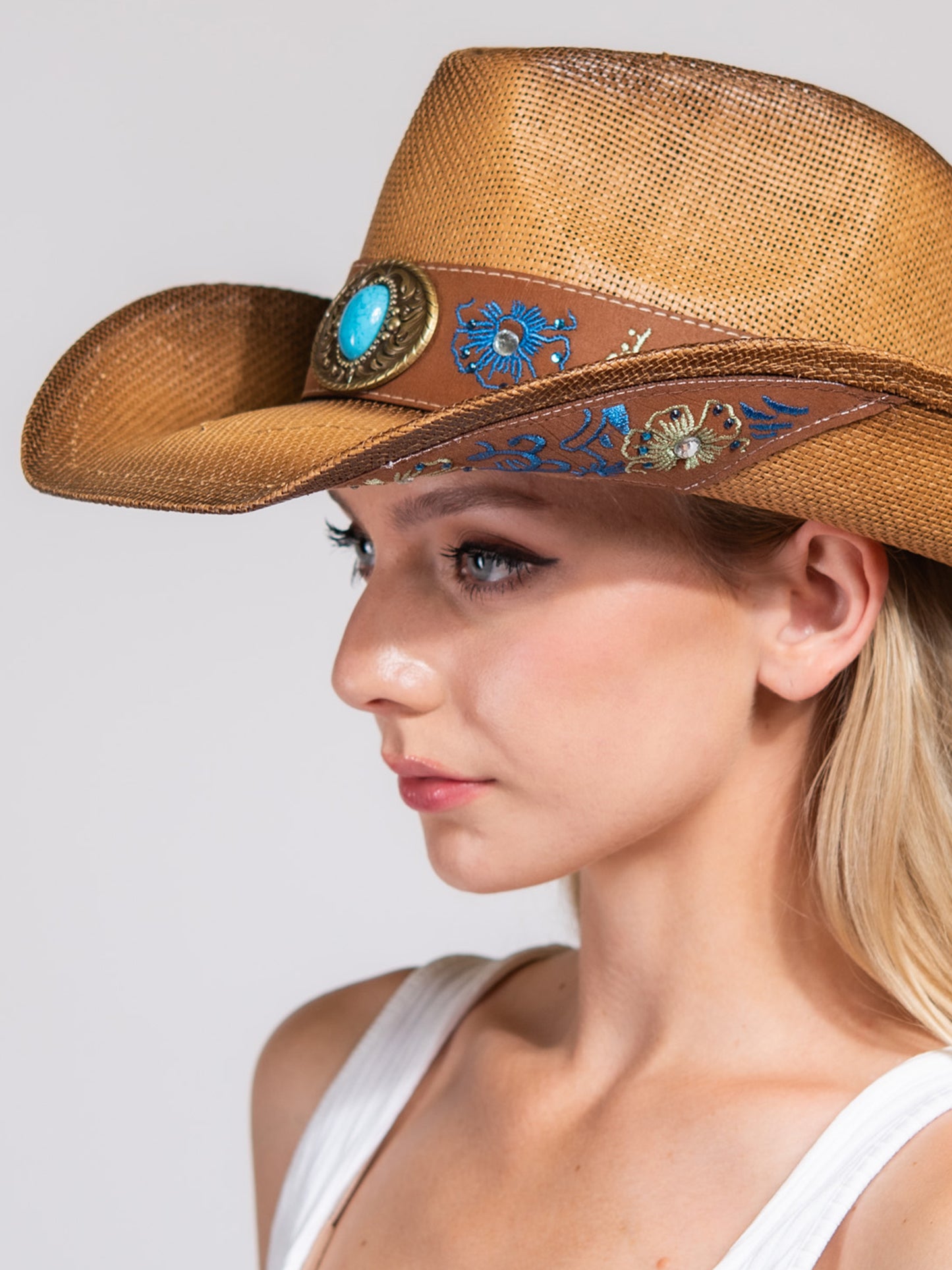 Marie Western Paper Braid Cowboy Hat with Decorative Turquoise Hat Band