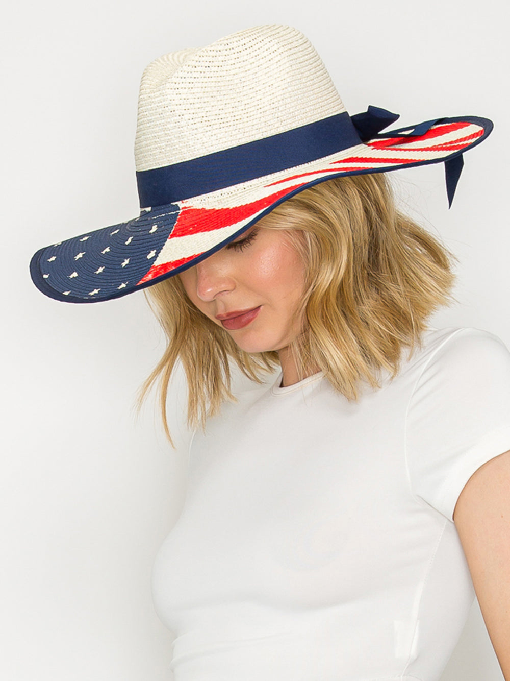 Angela Floppy Oversized Wide Brim American Flag Print Straw Sun Hat