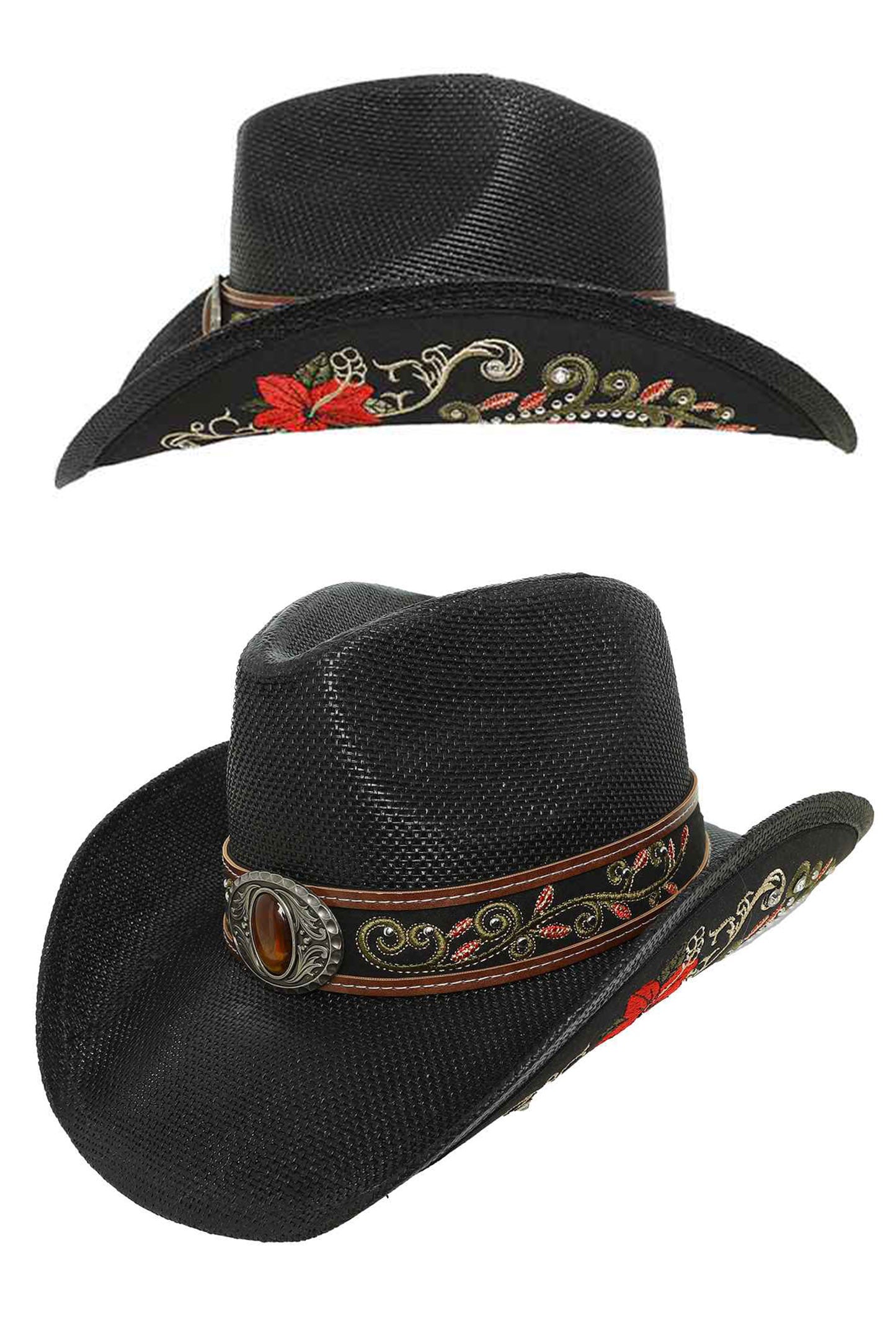 Myla Western Embroidered Straw Woven Cowboy Hat | Black