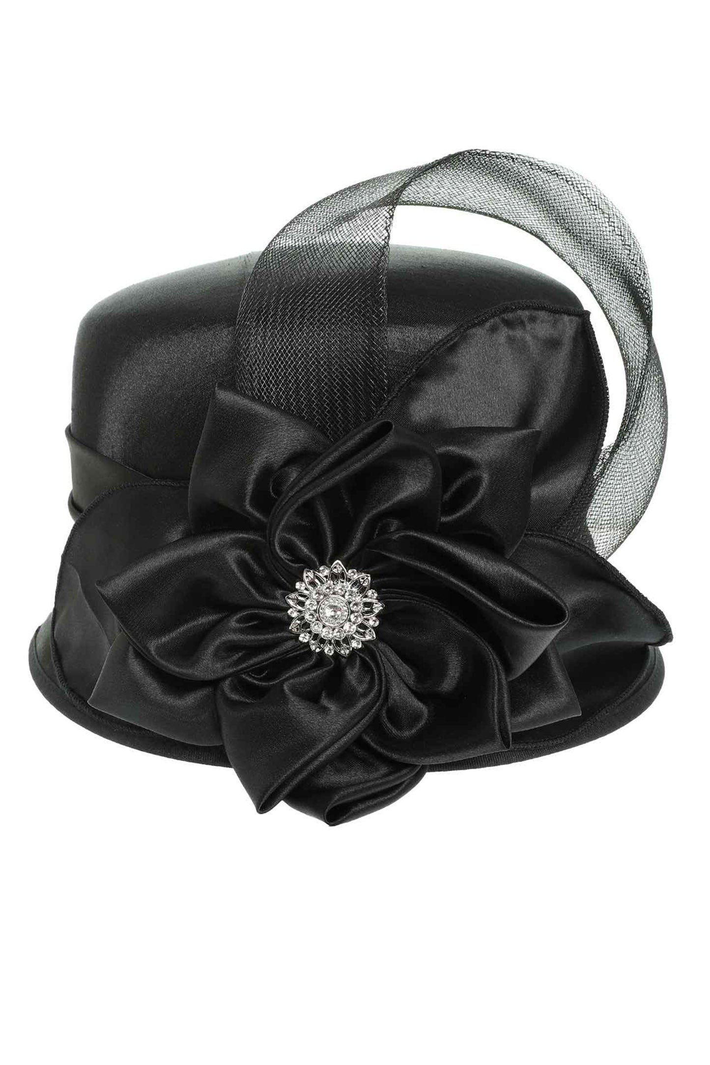 Annie Rhinestone Embellished Flower Bow Satin Braid Hat