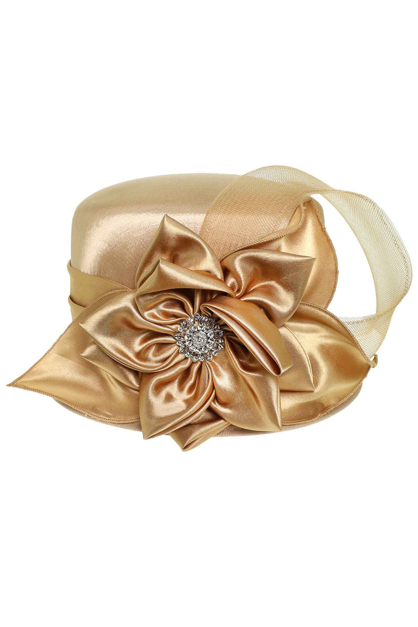 Annie Rhinestone Embellished Flower Bow Satin Braid Hat