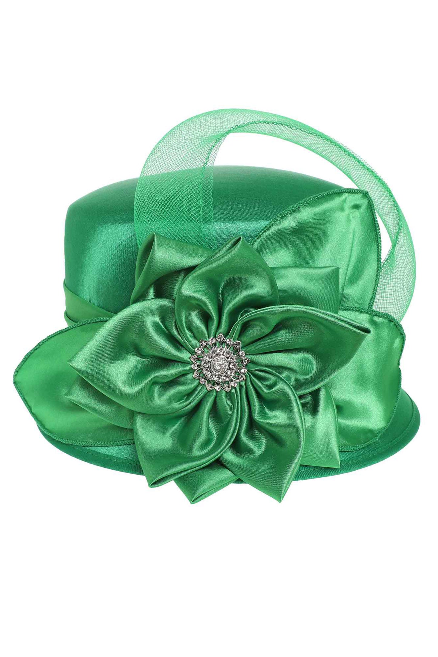 Annie Rhinestone Embellished Flower Bow Satin Braid Hat