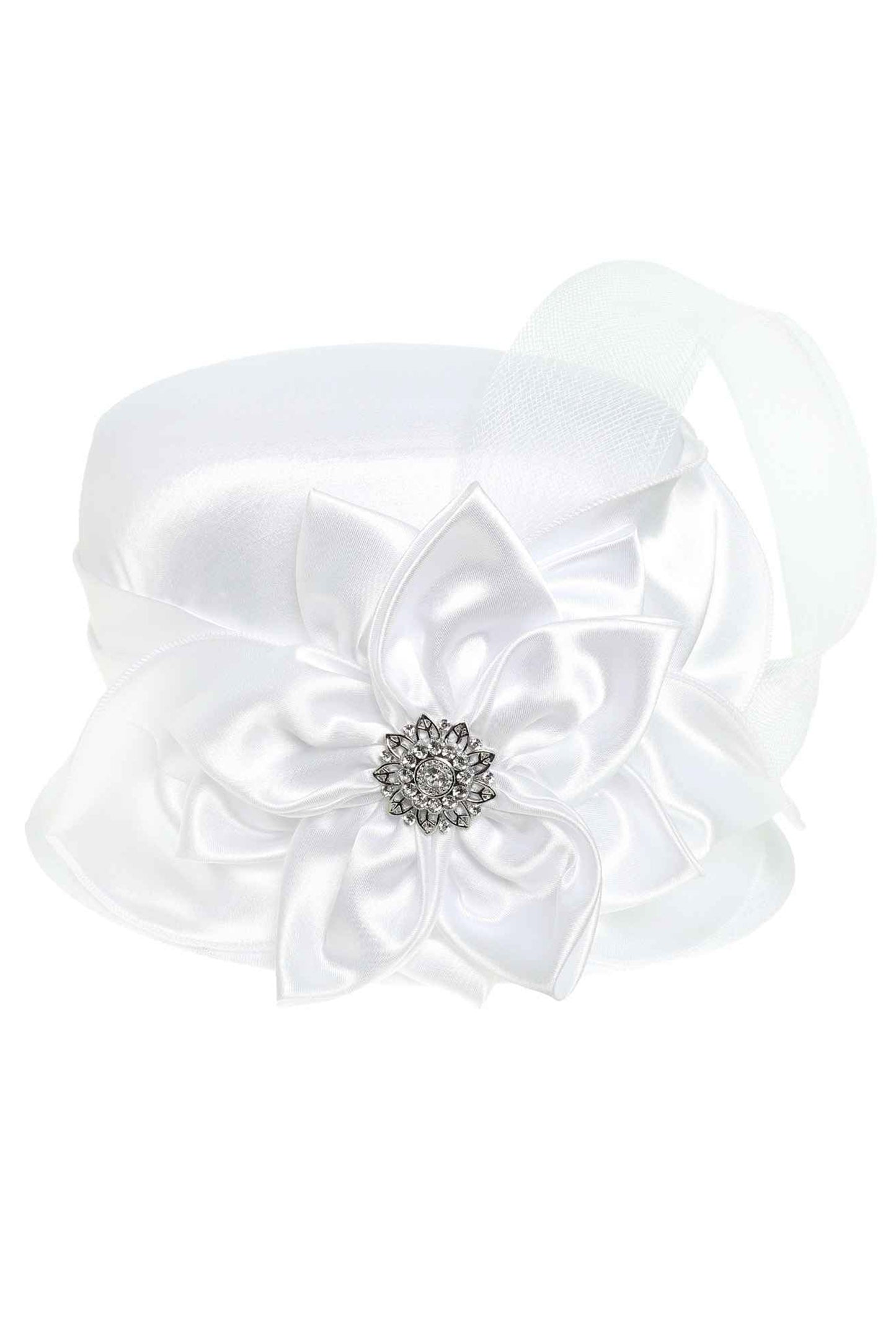 Annie Rhinestone Embellished Flower Bow Satin Braid Hat
