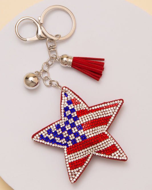 Rosemary USA Flag Themed Rhinestone Pavé Star Tassel Keychain