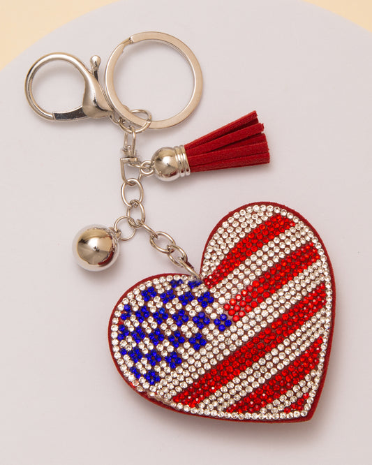 Angelina USA Flag Themed Rhinestone Pavé Heart Tassel Keychain