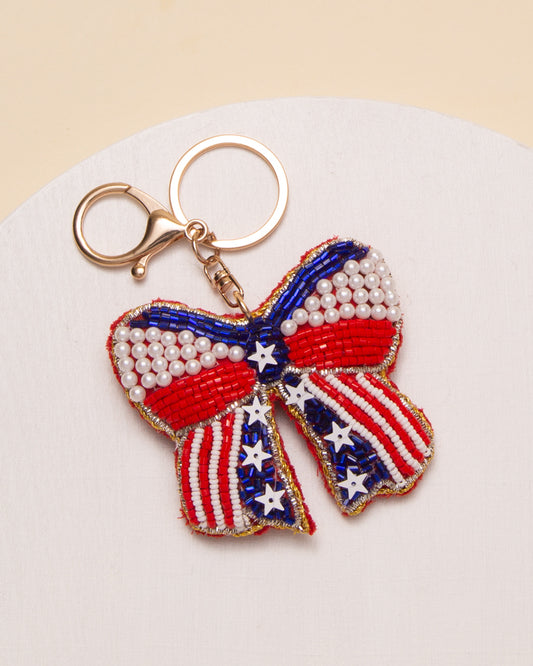 Margo USA Flag Themed Sequins Pearl Seed Beaded Bow Keychain