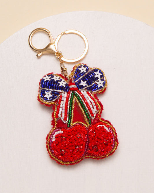 Alina Sequins Seed Beaded Ribboned Cherry Keychain with Split Ring