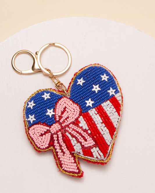 Andrea Sequins Seed Beaded Ribboned Heart Keychain with Split Ring