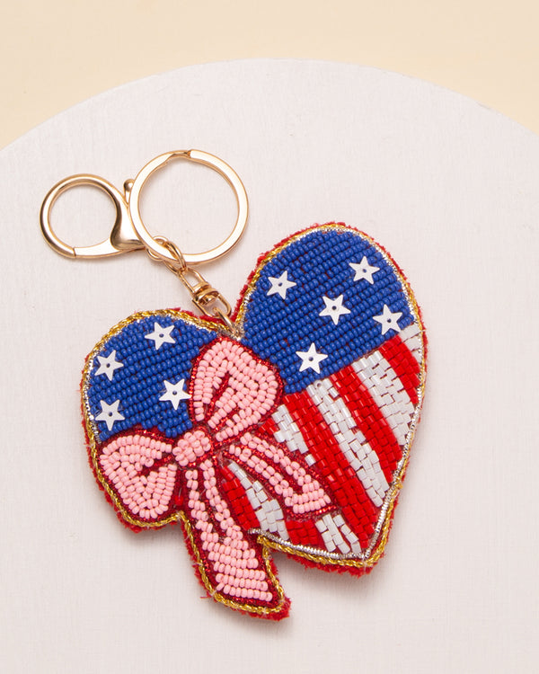 Andrea Sequins Seed Beaded Ribboned Heart Keychain with Split Ring